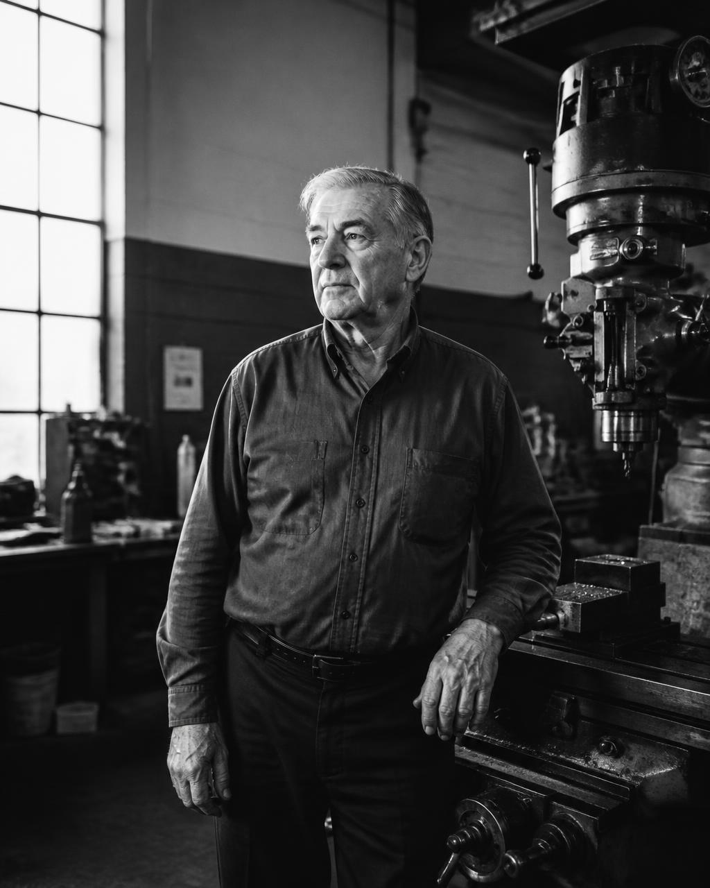 Experienced manufacturing owner on the floor of a precision machine shop