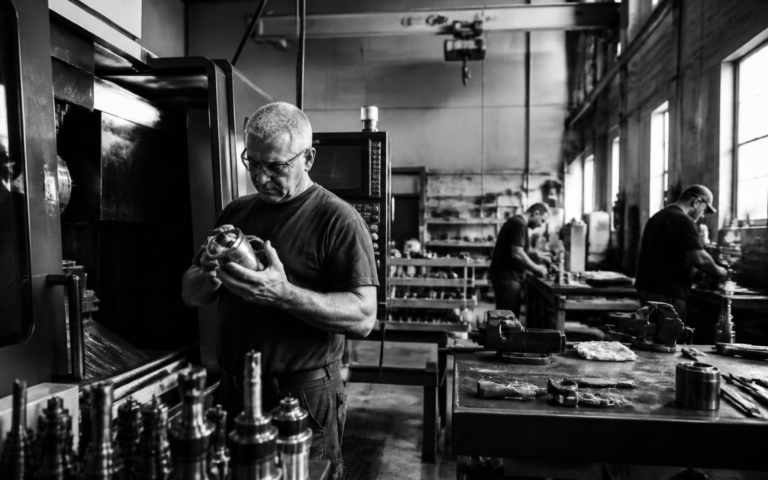 Machinist inspecting a precision component beside modern equipment